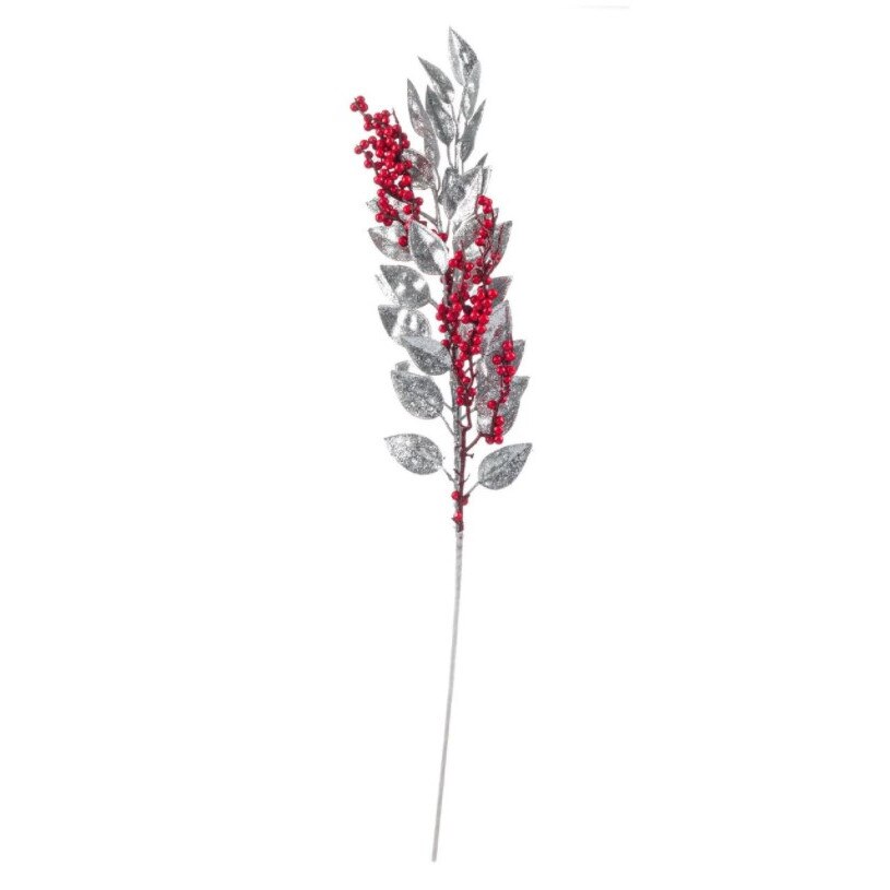Crenguta decorativa, Zola®, pentru Craciun,argintie cu fructe rosii, 70 cm