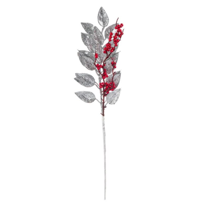 Crenguta decorativa, Zola®, pentru Craciun,argintie cu fructe rosii, 45 cm