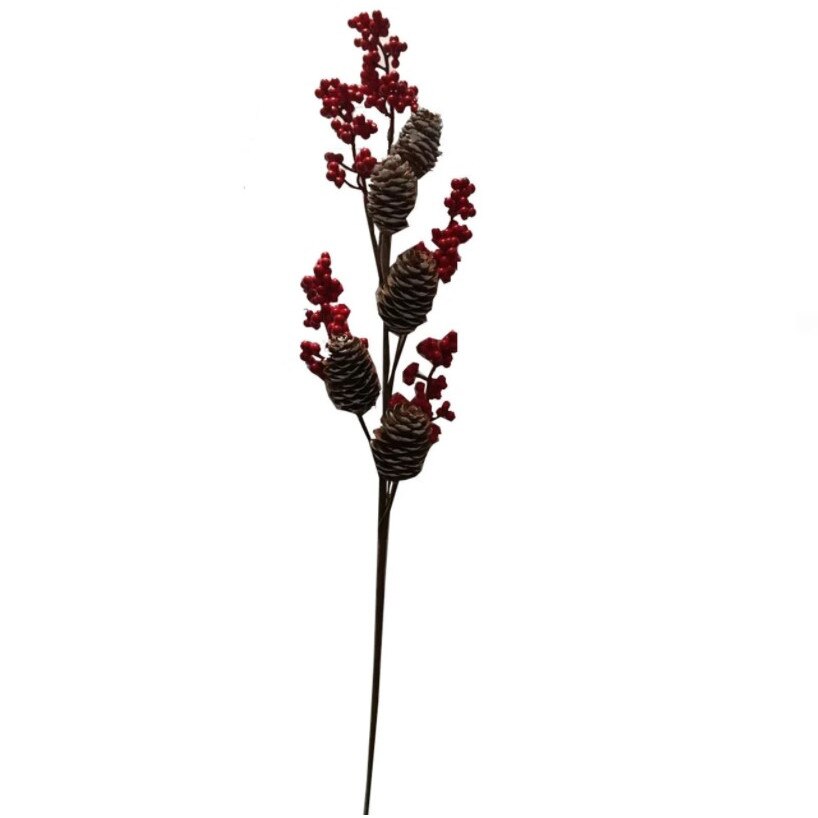 Crenguta decorativa, Zola®, pentru Craciun, cu 5 conuri si fructe rosii, 60 cm