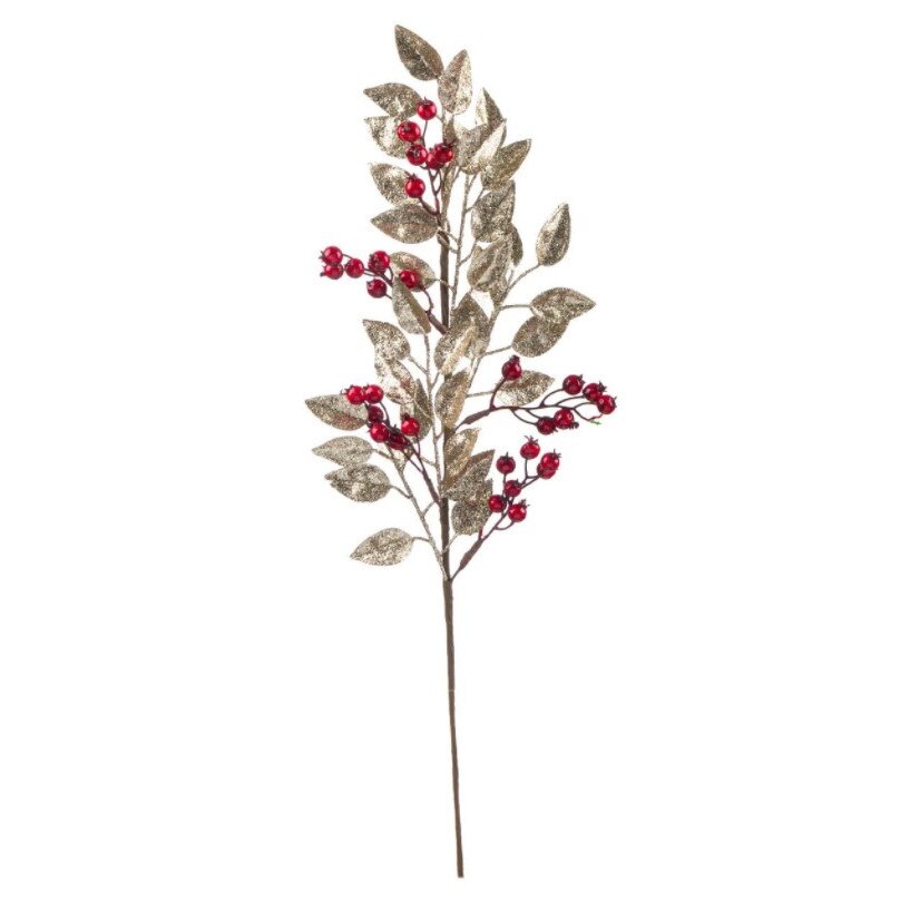 Crenguta decorativa, Zola®, pentru Craciun, cu frunze sclipicioase si fructe rosii, 70 cm