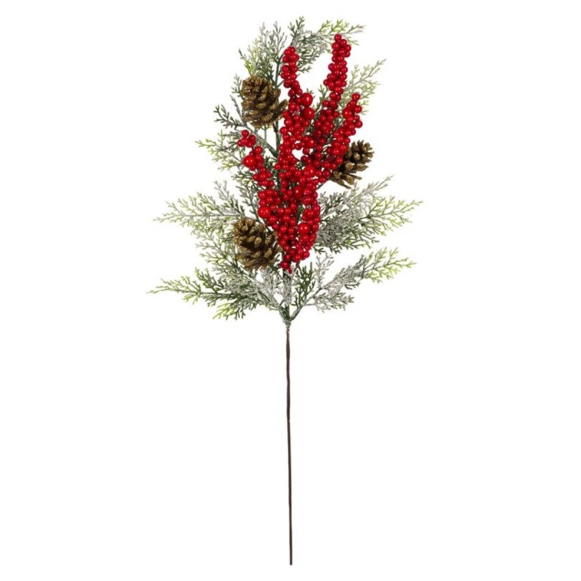 Crenguta decorativa, Zola®, pentru Craciun, cu fructe rosii si conuri, 57 cm