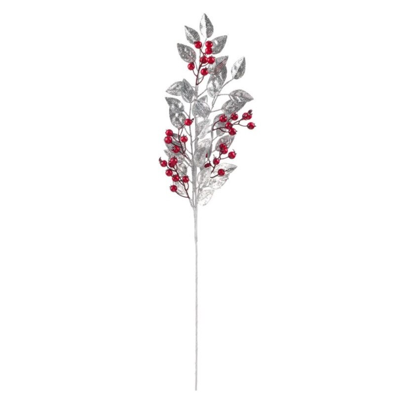 Crenguta decorativa, Zola®, pentru Craciun, cu frunze argintii si fucte, 70 cm