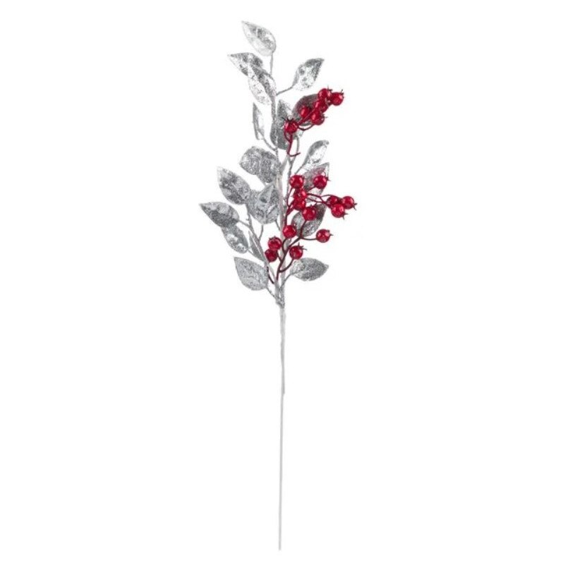 Crenguta decorativa, Zola®, pentru Craciun, cu frunze argintii si fucte, 45 cm
