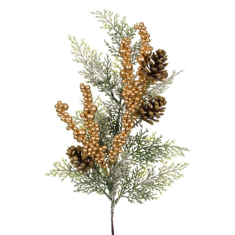 Crenguta decorativa, Zola®, pentru Craciun, cu fructe aurii si conuri, 64 cm
