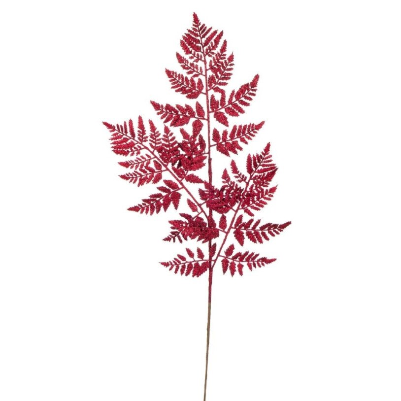 Crenguta decorativa, Zola®, pentru Craciun, model feriga rosie cu sclipici, 80 cm