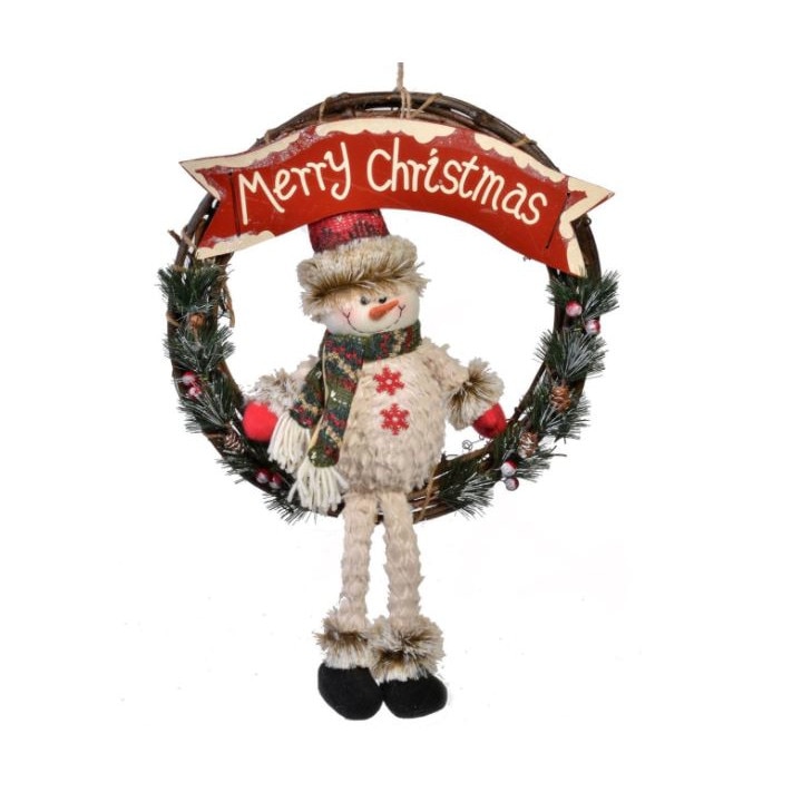 Decoratiune sarbatori tip coronita pentru usa, 30 cm, model Om de zapada, mesaj Merry Christmas