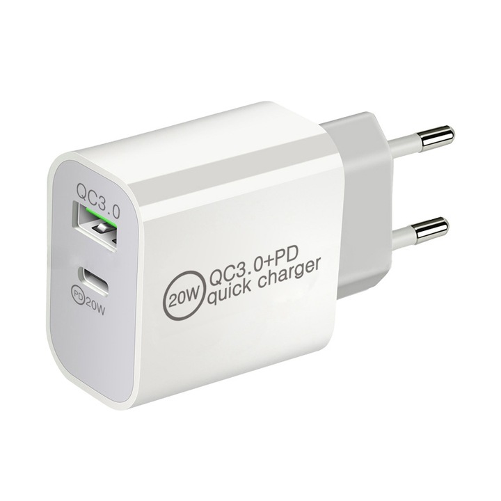 Зарядно устройство с щепсел Power Delivery (PD), TIENTEN, бързо зареждане 20w, QC 3.0, 2 порта, USB, USB-C, бяло