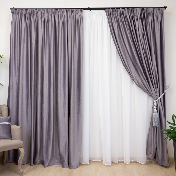 Set 2 draperii Hiko Comfy, catifea Gri Movuliu 140Lx245H cm, Blackout 80%, elegante pentru living, dormitor, hotel, izolare termica si fonica, decor modern, montaj usor, rejansa creion de 6.5cm
