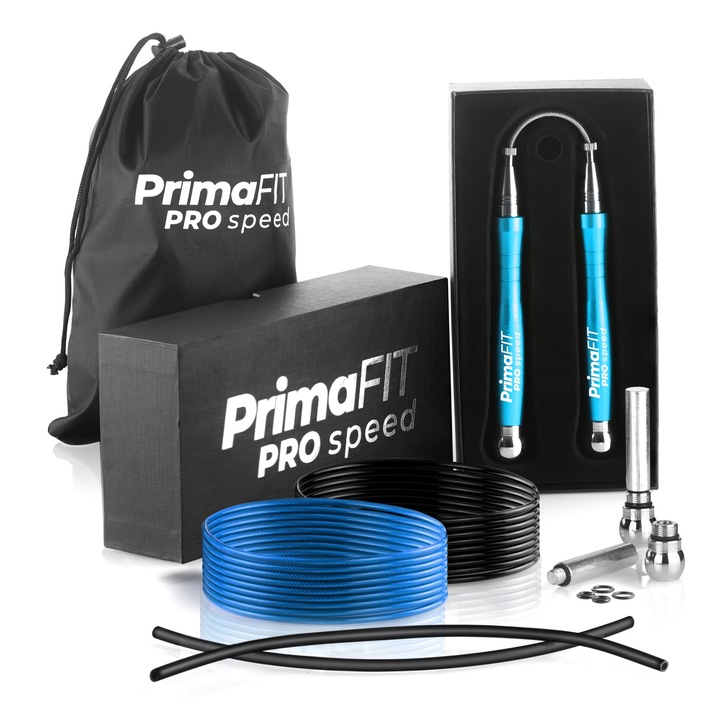 Въже за Скачане PrimaFIT Pro Speed, Професионално, 3м Регулируемо, Бързо с 2 Лагера, Допълнително Въже и Тежести, 2 Протектора, Алуминиеви Дръжки, Чантичка за Носене, Кросфит, Бокс, ММА, Светлосин