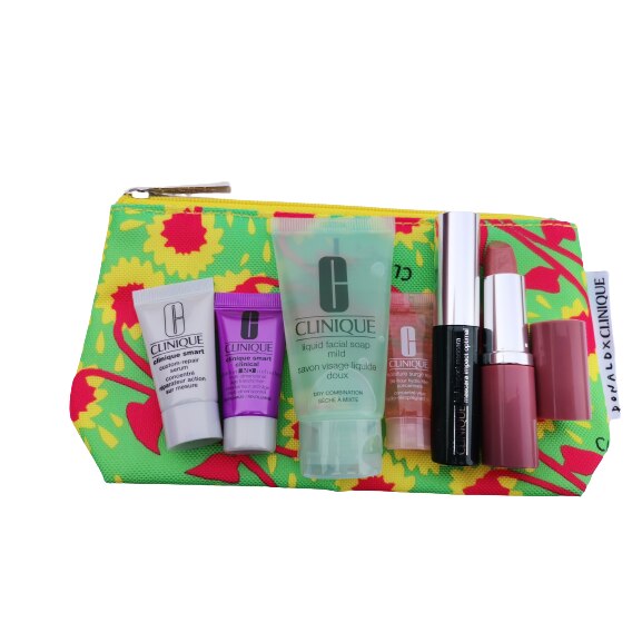 Set Clinique 1buc Portfard, 1buc Sapun fata 30ml, 1buc Clinique Smart Clinical 7ml 1buc Ser fata7ml, 1buc Ser ochi 5ml, 1buc Ruj , 1buc Mascara 3.5ml