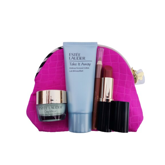 Set Estee Lauder 1buc Portfard, 1buc Lapte demachiant 30ml, 1buc Crema fata 7ml, 1buc Creion buze , 1buc Ruj