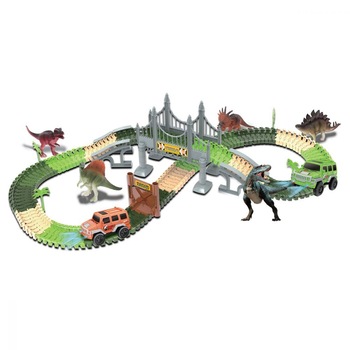 Set pista Dinozauri cu 184 piese de construit, 4 copaci ,1 masina cu lumini si alte accesorii, pentru copii + 3 ani Set pista Dinozauri cu 184 piese de construit, 4 copaci ,1 masina cu lumini si alte accesorii, pentru copii + 3 ani
