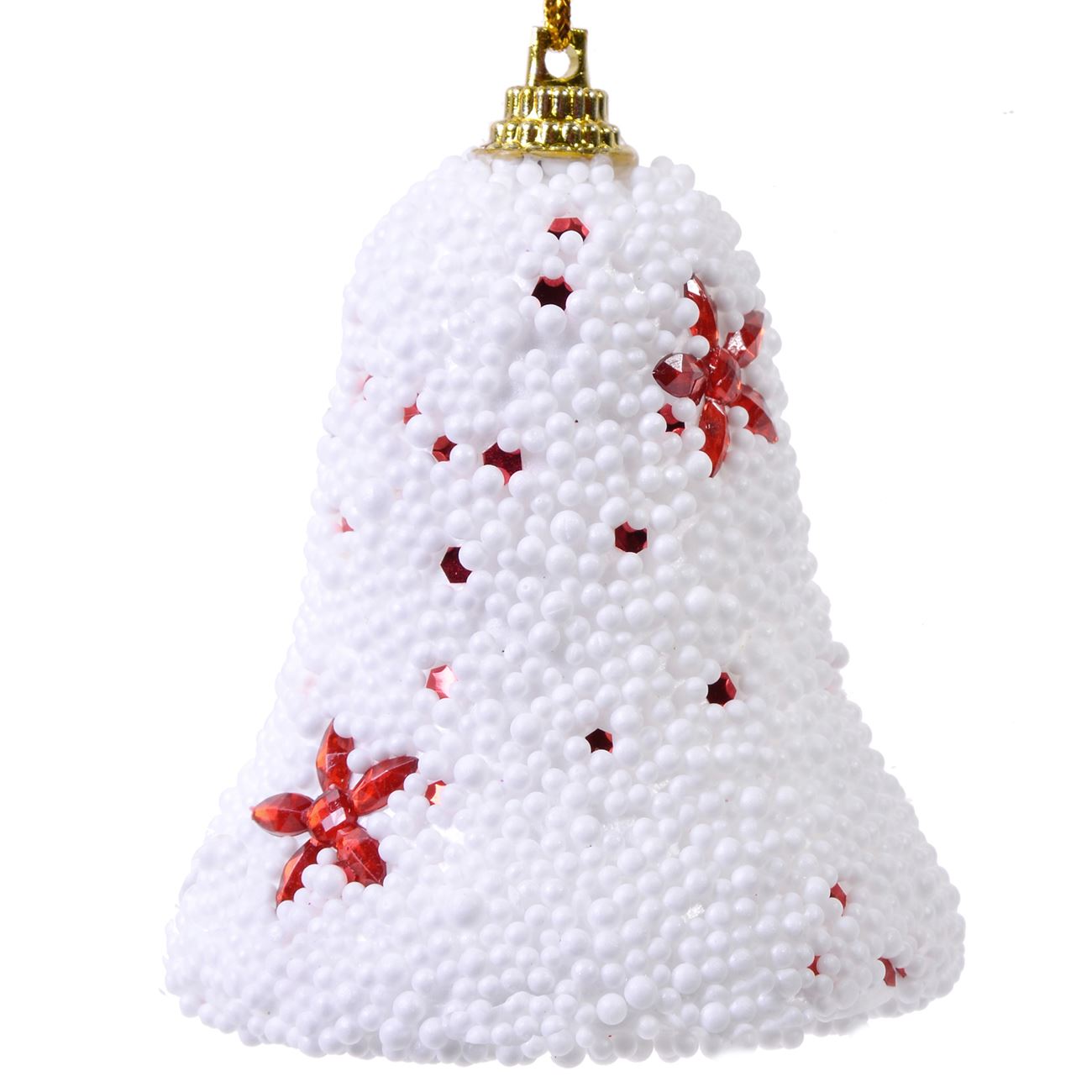 Set 6 globulete, Zola®, pentru bradut, albe, in forma de clopotei cu stelute rosii, 7 cm
