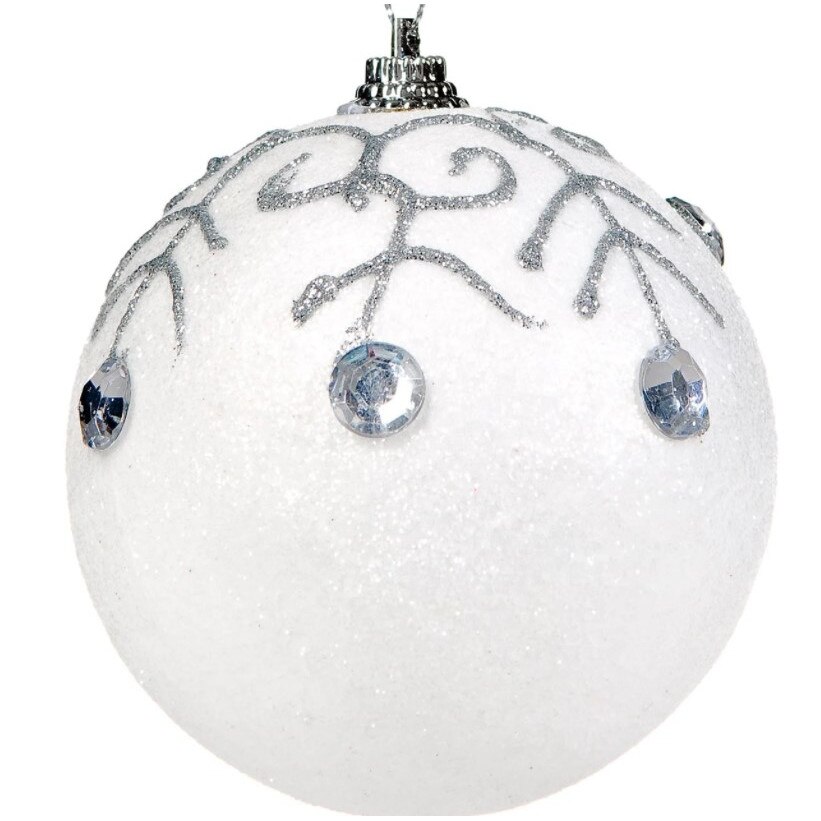 Set 6 globulete, Zola®, pentru bradut, albe model argintiu cu pieticele, 6cm