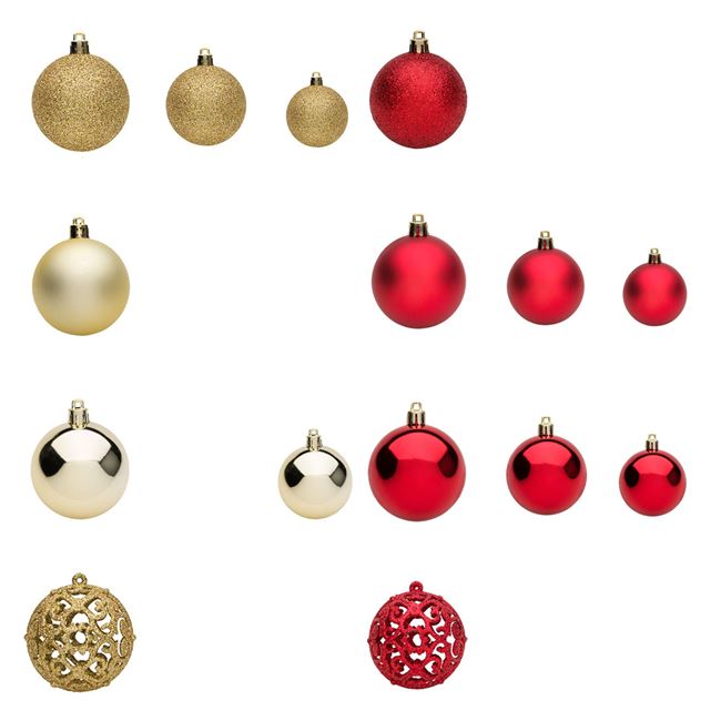 Set 50 de globulete, Zola®, rosii si aurii, modele si marimi diferite,cu sclipici, 3-4-6 cm