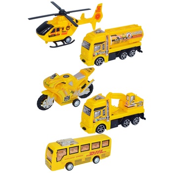 Set 5 masinute Karemi, seria de inginerie in constructii, cu elicopter, motocicleta, autobuz, cisterna, excavator, galbene Set 5 masinute Karemi, seria de inginerie in constructii, cu elicopter, motocicleta, autobuz, cisterna, excavator, galbene