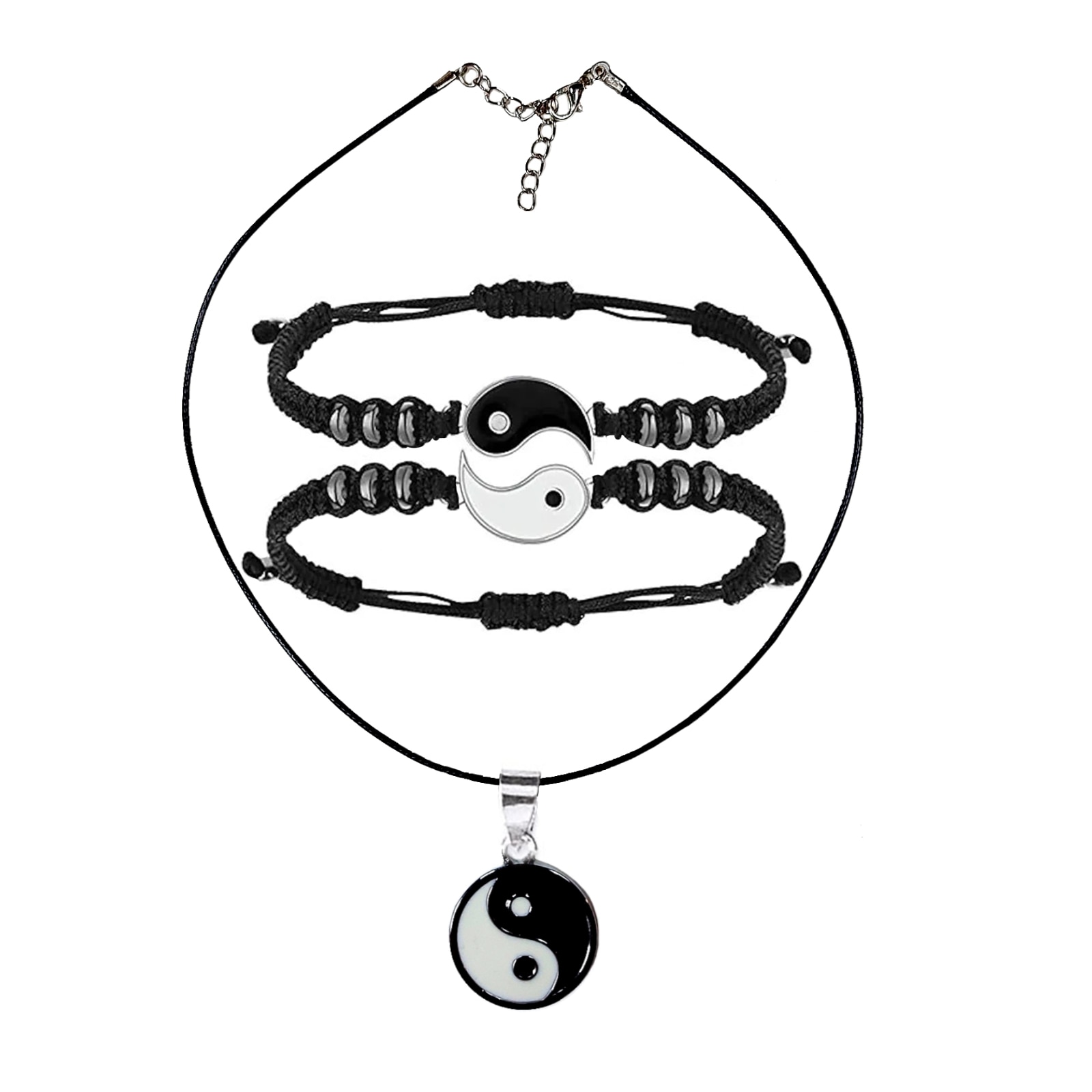Set ArtDeco Yin & Yang, 2 bratari si 1 colier cu pandantive metalice si snur negru, reglabile