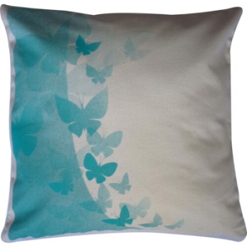 Perna decor, bej plus albastru, bumbac si fibra siliconizata, 45 x 45 cm, cu print fluturi albastri