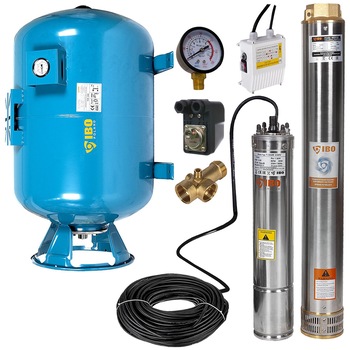 Kit hidrofor 100L vertical/orizontal cu pompa submersibila IBO Dambat 4SDM7/12, 1.5kW, debit 200l/min, H refulare 76m, racord 2 toli, rezistenta la nisip Kit hidrofor 100L vertical/orizontal cu pompa submersibila IBO Dambat 4SDM7/12, 1.5kW, debit 200l/min, H refulare 76m, racord 2 toli, rezistenta la nisip