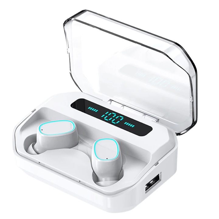 SIKS vezeték nélküli fülhallgató, töltődobozzal, Bluetooth csatlakozással, digitális kijelzővel, mikrofonnal, fehér