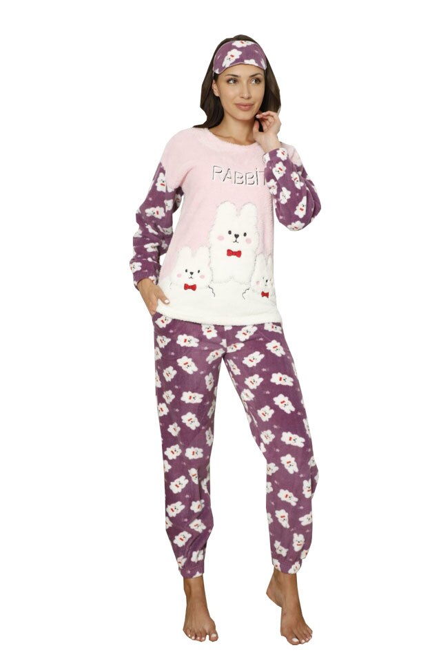 Pijamale dama Serena, maneca lunga, pantaloni lungi,imprimeu rabbit, Roz Pudra