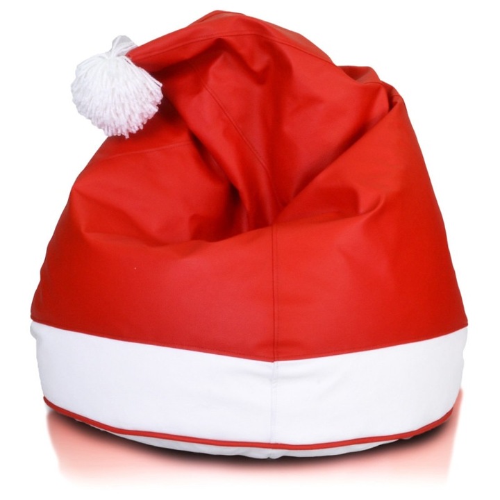 Fotoliu puf Ecopuf Caciulita Mos Craciun cu pompon, Piele ecologica premium, Marime S, 110x70 cm, Design festiv ergonomic, Confortabil copii adolescenti, Decor sarbatori, Relaxare stil Craciun