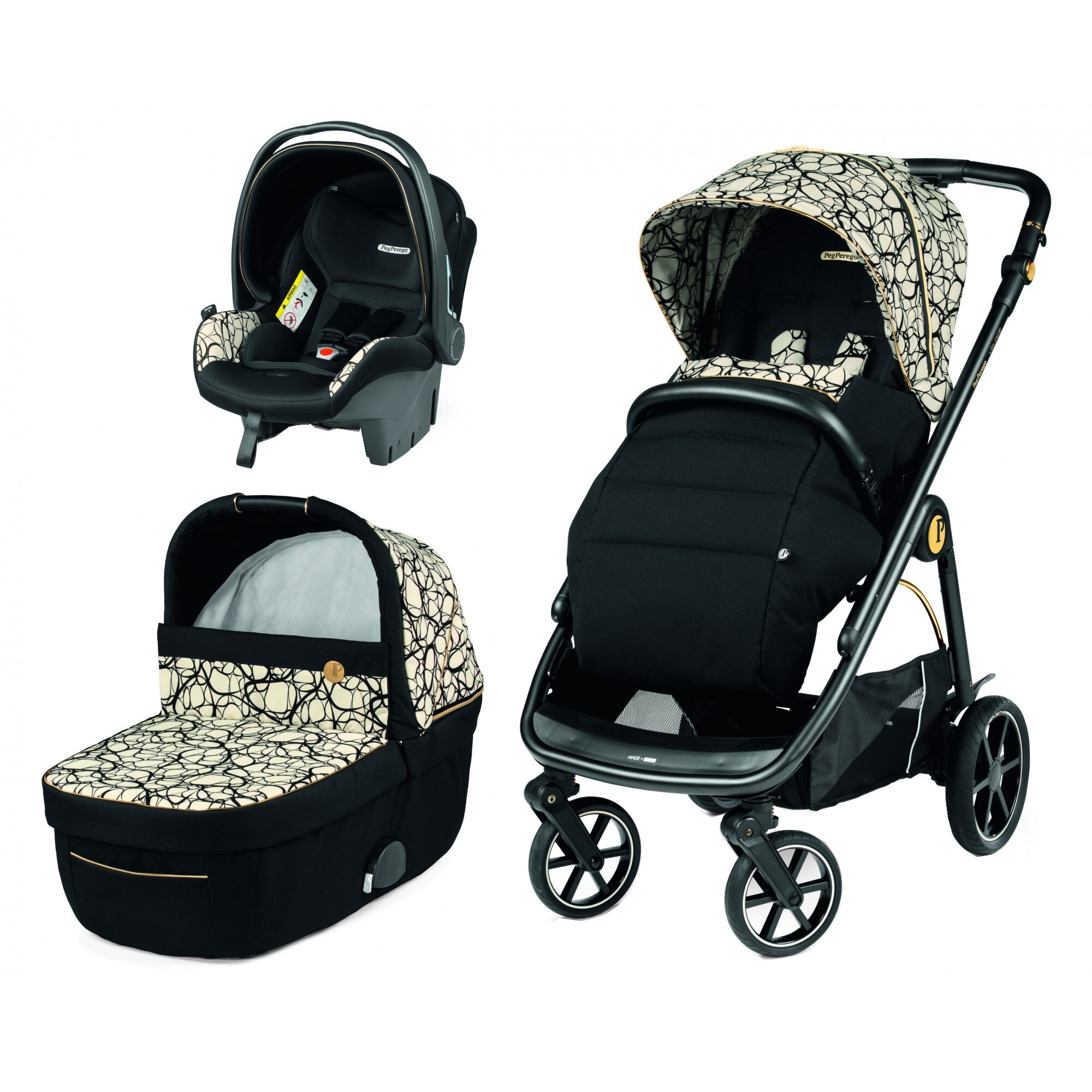 Carucior 3 in 1, Peg Perego, Veloce, Primoviaggio SL, 0 - 22 kg, Graphic Gold, Negru / Bej