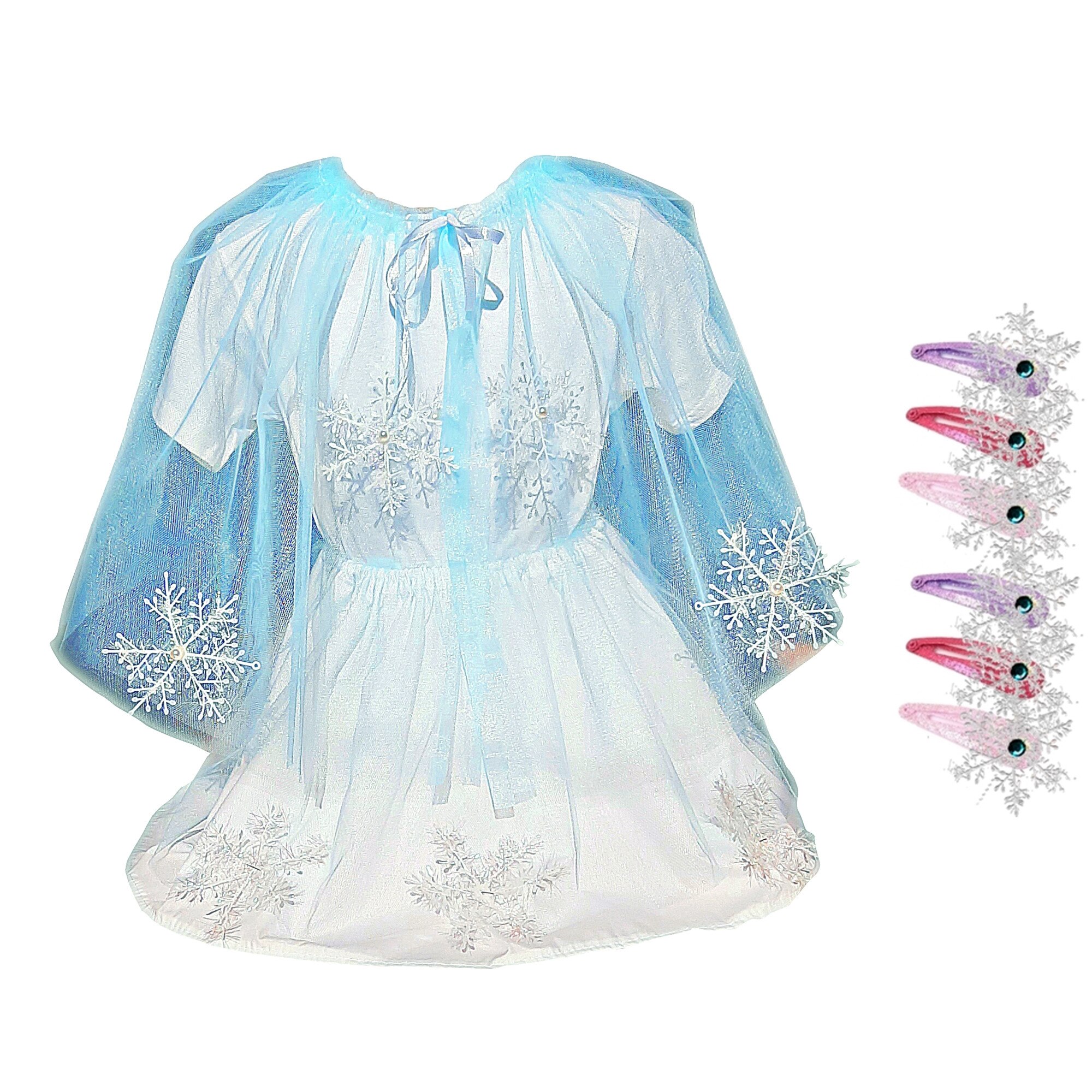 Set costum fulg de nea fata Costumix, 2 piese si accesorii par, alb, 122-134cm, 7-9 ani