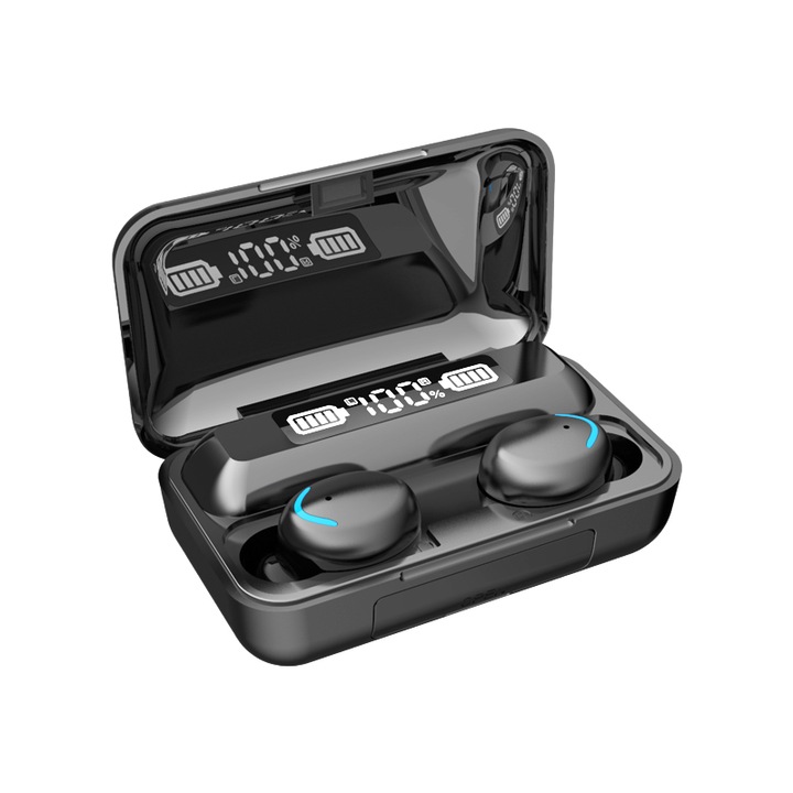 Vezeték nélküli fülbe helyezhető fejhallgató, F9 TWS fekete négyzet, töltődobozzal 1200 mAh, Bluetooth 5.0, fekete