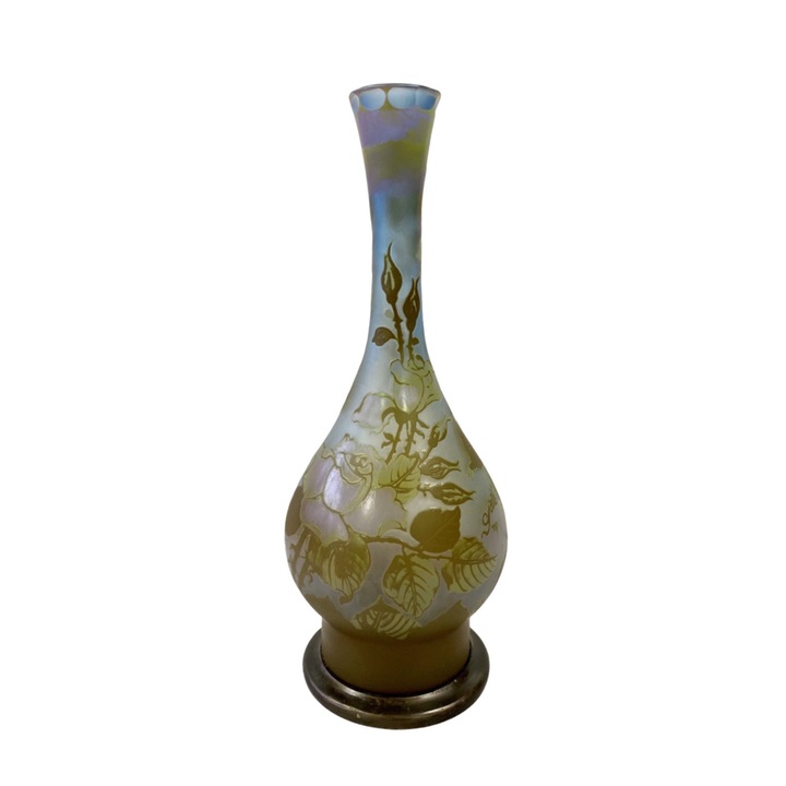 Стъклена ваза тип Гале, В38 см, декорация от роза