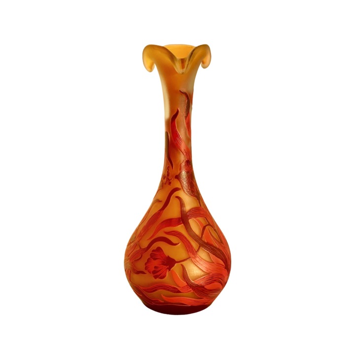Стъклена ваза тип Гале, В38см, термовалцована, декорирана с японски лалета