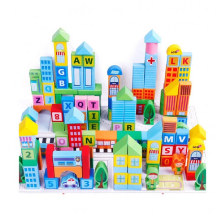 Set cuburi de construit din lemn, 100 piese, Smart Town Blocks, Beilaluna