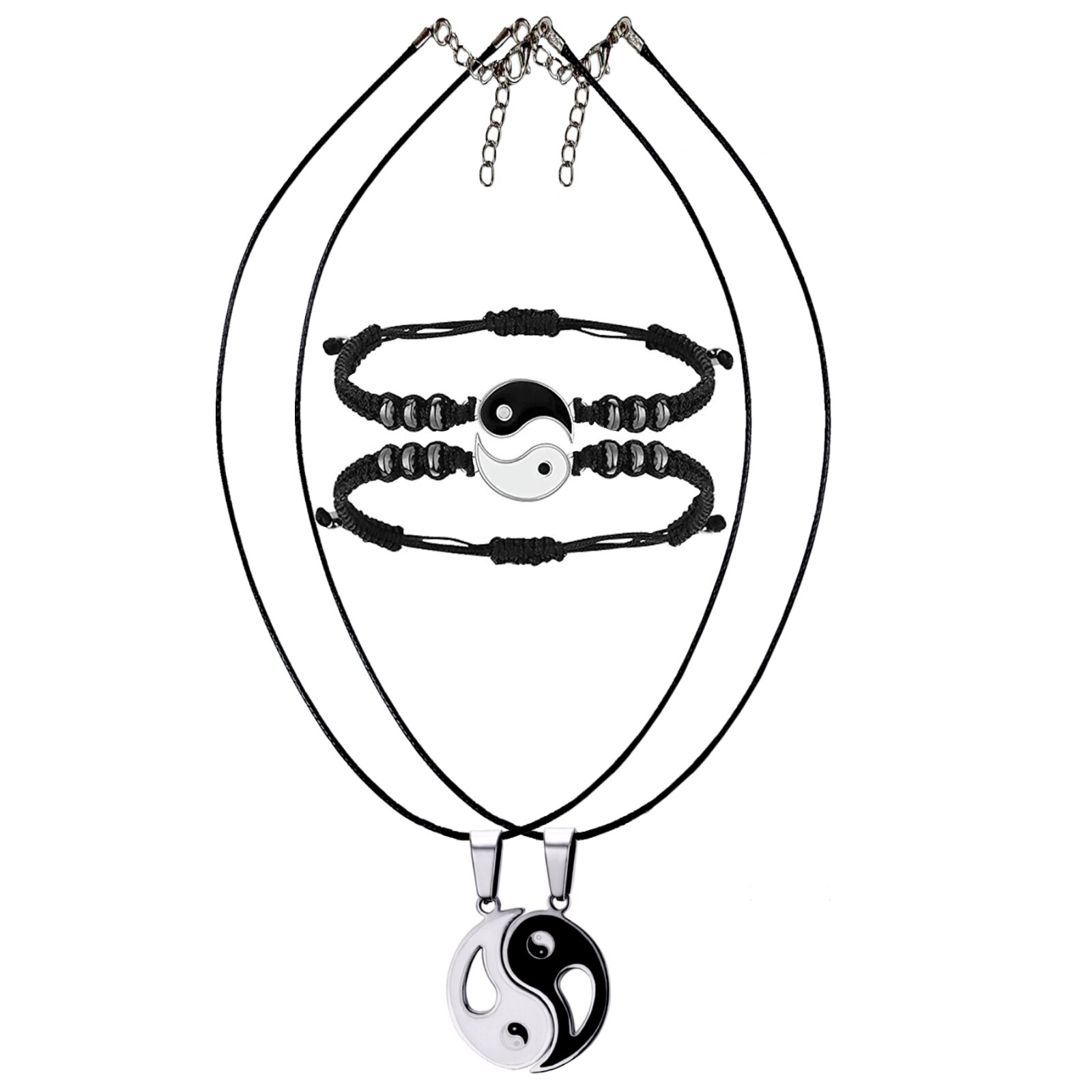 Set ArtDeco Yin & Yang alcatuit din 2 bratari si 2 coliere cu pandantive metalice si snur negru, reglabile