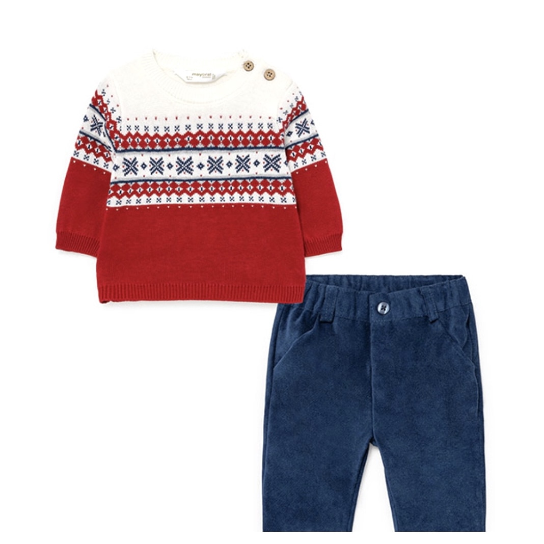 Set compleu 2 piese baieti alb cu rosu, marime 12 luni