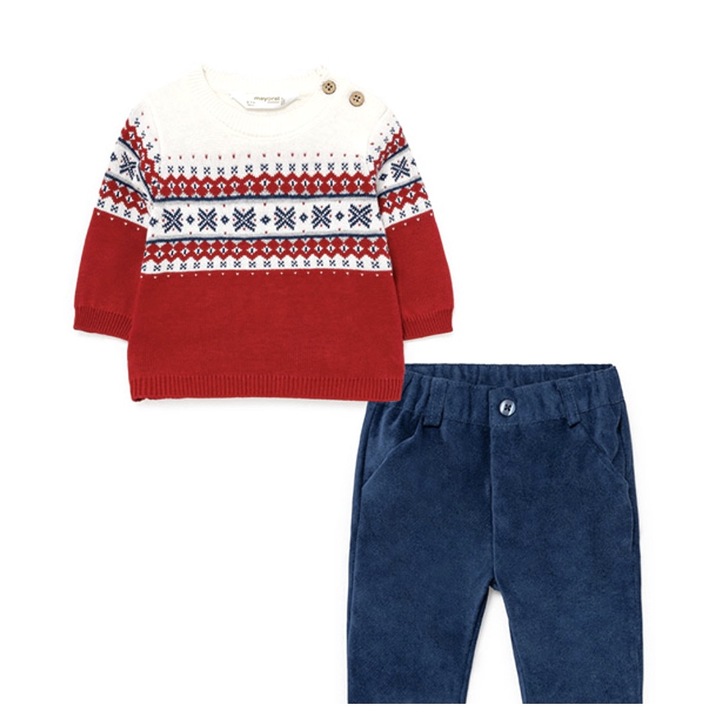 Set compleu 2 piese baieti alb cu rosu, marime 12 luni