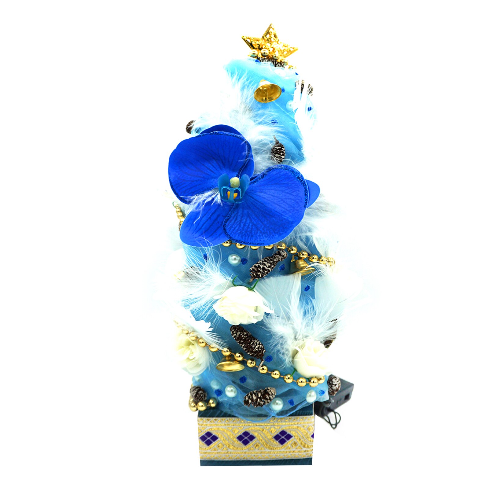 Brad de craciun cu lumini Regalo, impodobit handmade cu flori, clopotei si organza - Craciun de vis, 40 cm