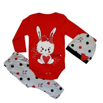 Compleu 3 piese fete de bumbac, Love, varsta 3 luni, 62 cm, Rosu Compleu 3 piese fete de bumbac, Love, varsta 3 luni, 62 cm, Rosu