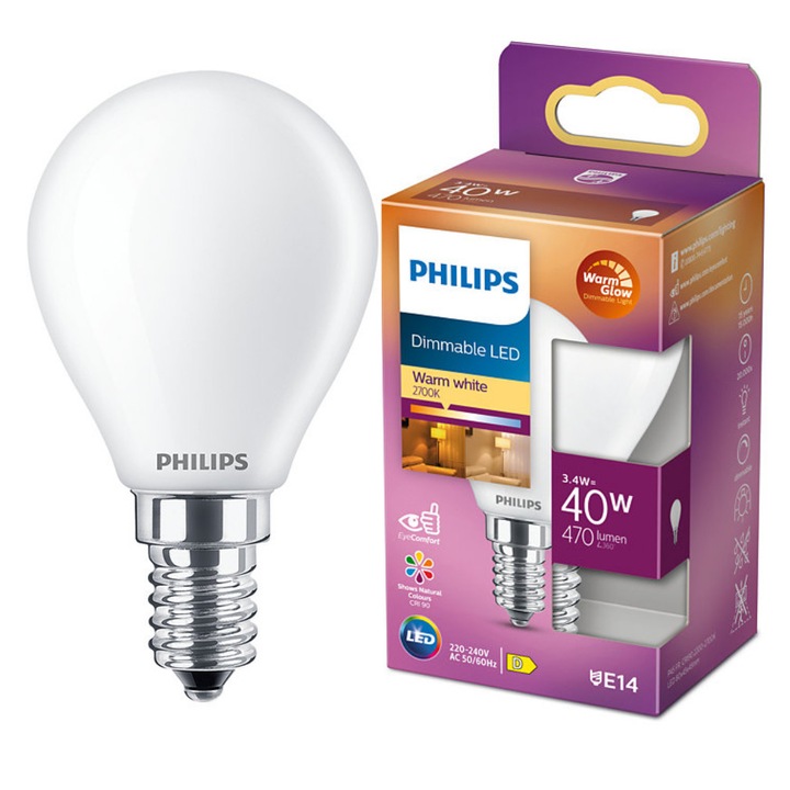 Philips Classic E14 LED kisgömb 3,4W 470lm 2200-2700K WarmGlow szabalyozható - 40W izzó helyett