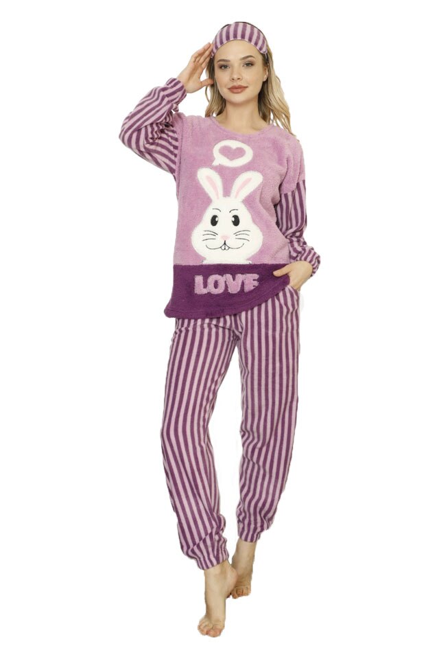 Pijamale dama Serena, maneca lunga, pantaloni lungi,imprimeu love, Mov