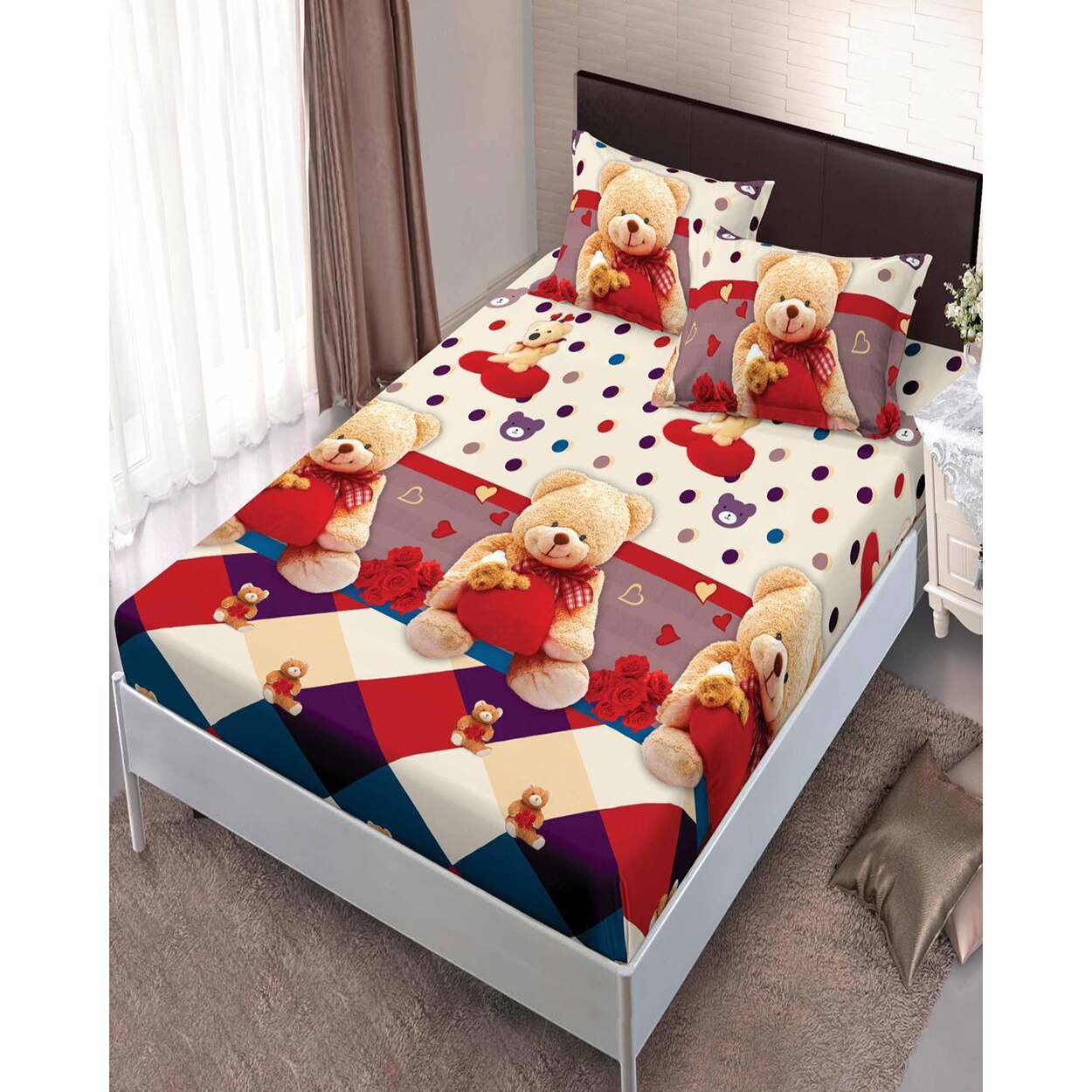 Husa de Pat cu Elastic si 2 Fete de Perna pentru Pat Dublu, Finet, Heart and Bear, HBFJ-111