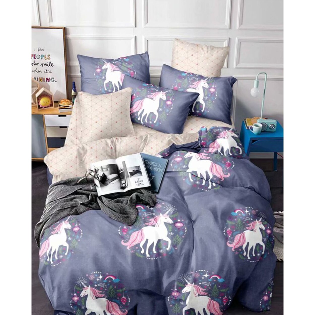 Set Lenjerie Finet Satinat, 4 Piese, Pat 1 Persoana, Unicorns, FNJ1-115