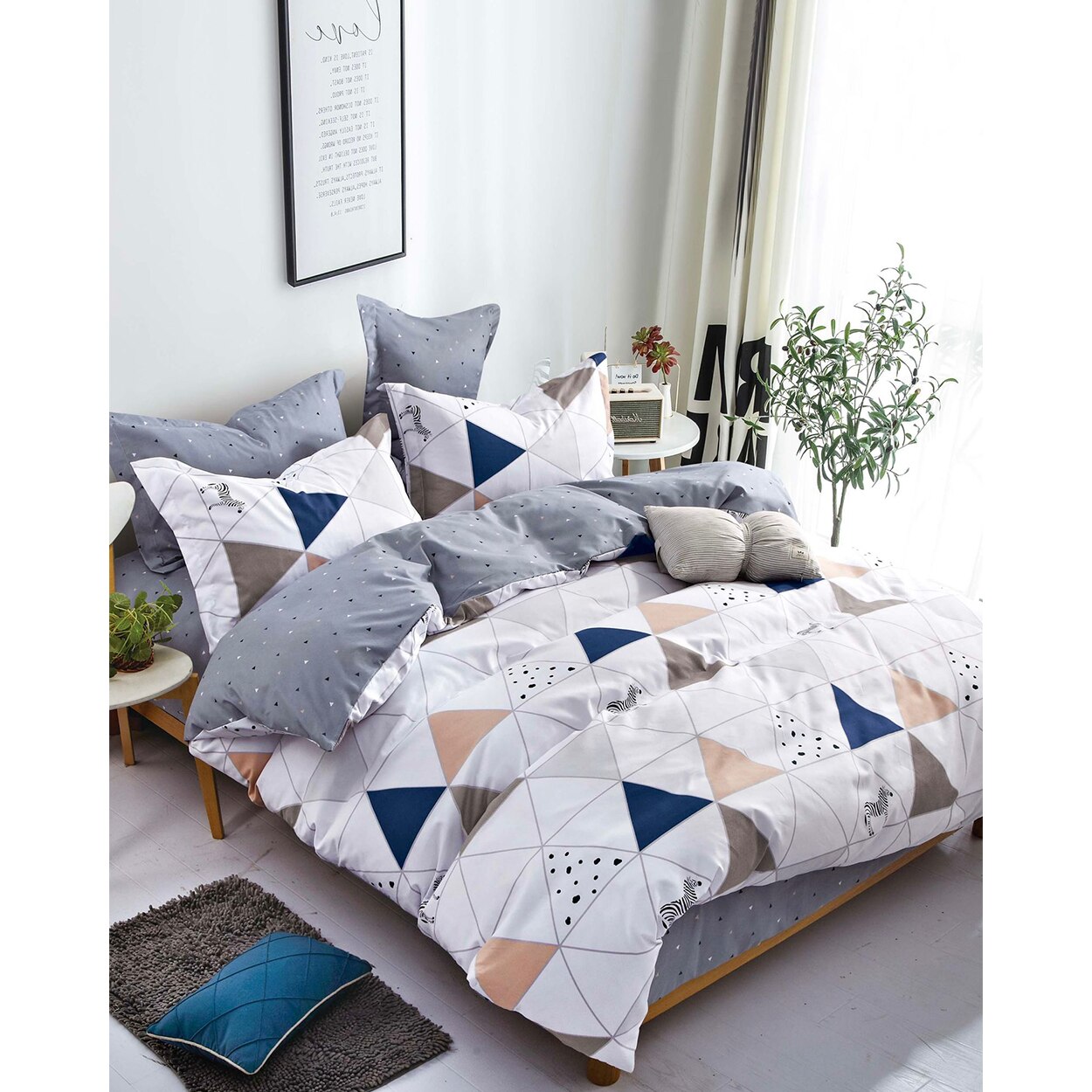 Set Lenjerie Finet Satinat, 4 Piese, Pat 1 Persoana, Colored Triangles, FNJ1-116