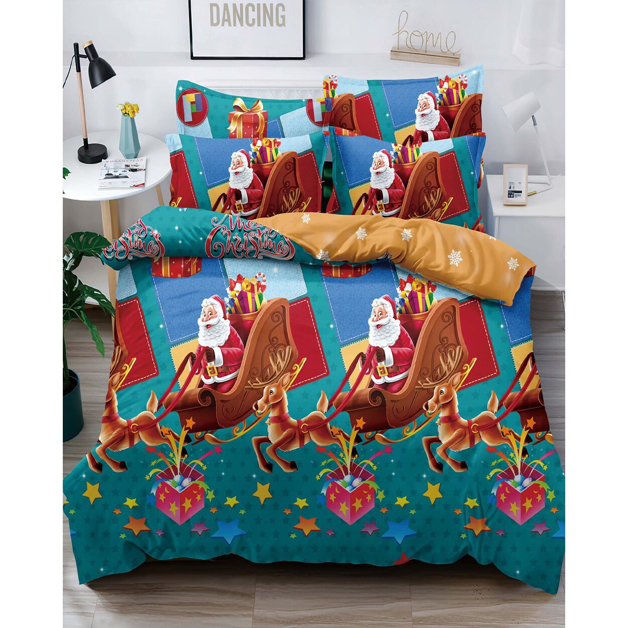 Set Lenjerie Craciun, Bumbac Tip Finet, Cu Elastic, Pat 2 Persoane, Santa's Sleigh, FNJEC-13