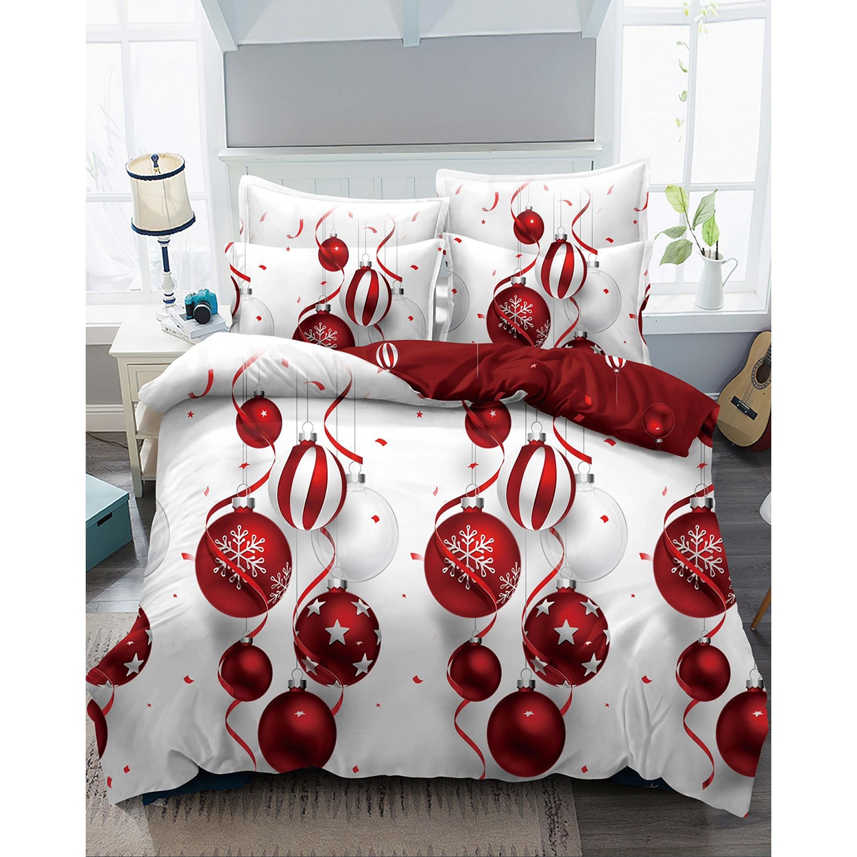 Set Lenjerie Craciun, Bumbac Tip Finet, Cu Elastic, Pat 2 Persoane, Globuri Rosii, FNJEC-17