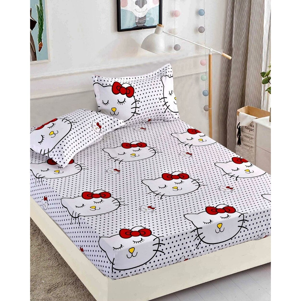 Husa de Pat cu Elastic si 2 Fete de Perna pentru Pat 2 Persoane, Drawing Cat, HBFC 14