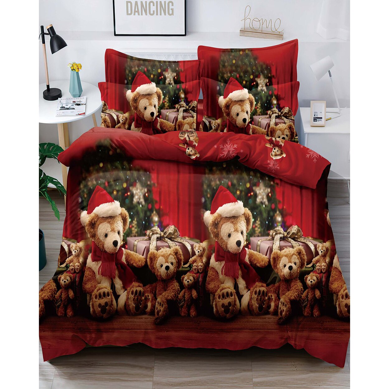 Set Lenjerie Craciun, Bumbac Tip Finet, Cu Elastic, Pat 2 Persoane, Christmas Bear, FNJEC-11