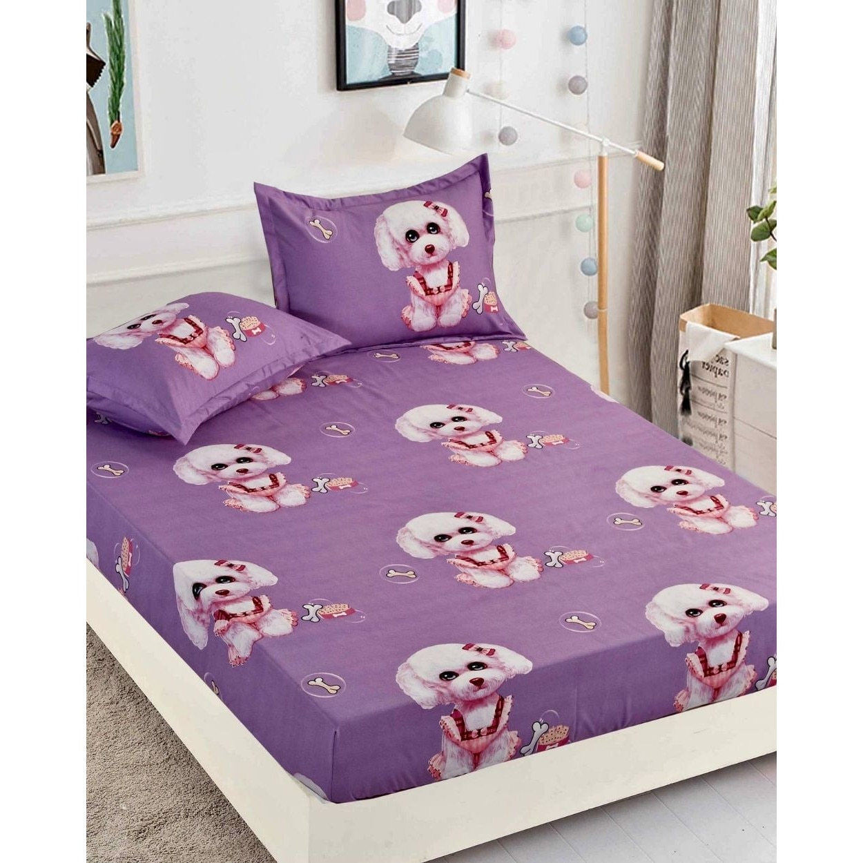 Husa de Pat cu Elastic si 2 Fete de Perna pentru Pat 2 Persoane, Little Puppy, HBFC 13