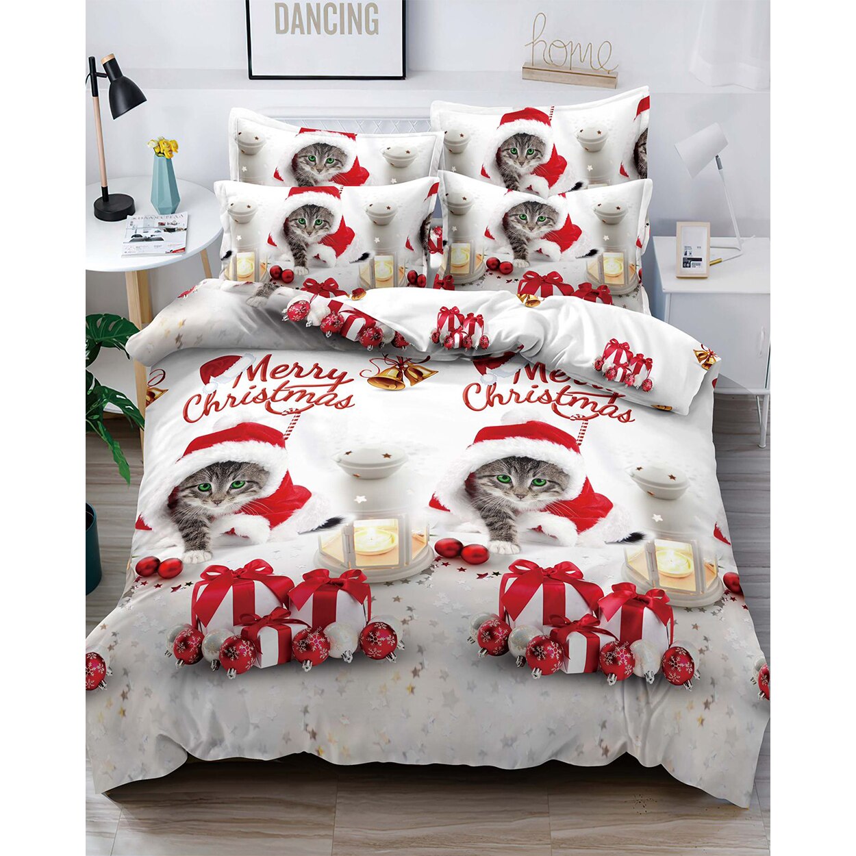 Lenjerie de Pat din Finet cu 2 Fete, 6 Piese, Pat 2 Persoane, Christmas Cat, FNJC-18