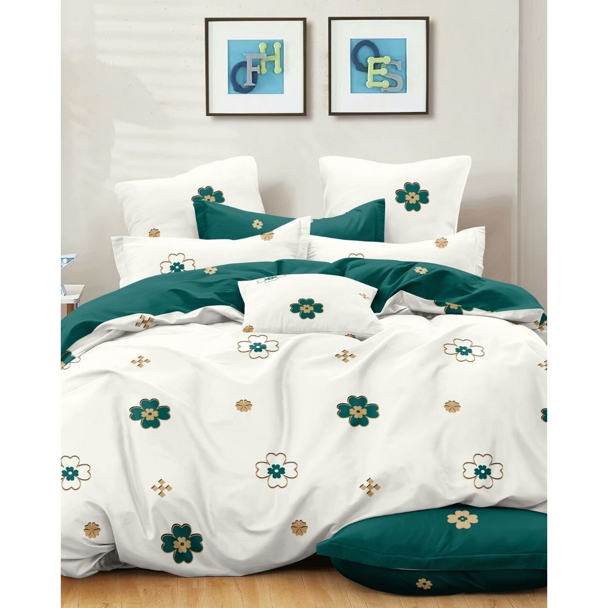 Lenjerie de Pat cu Elastic, Finet, 6 Piese, Pat 2 Persoane, Green Flowers, FNJE-63