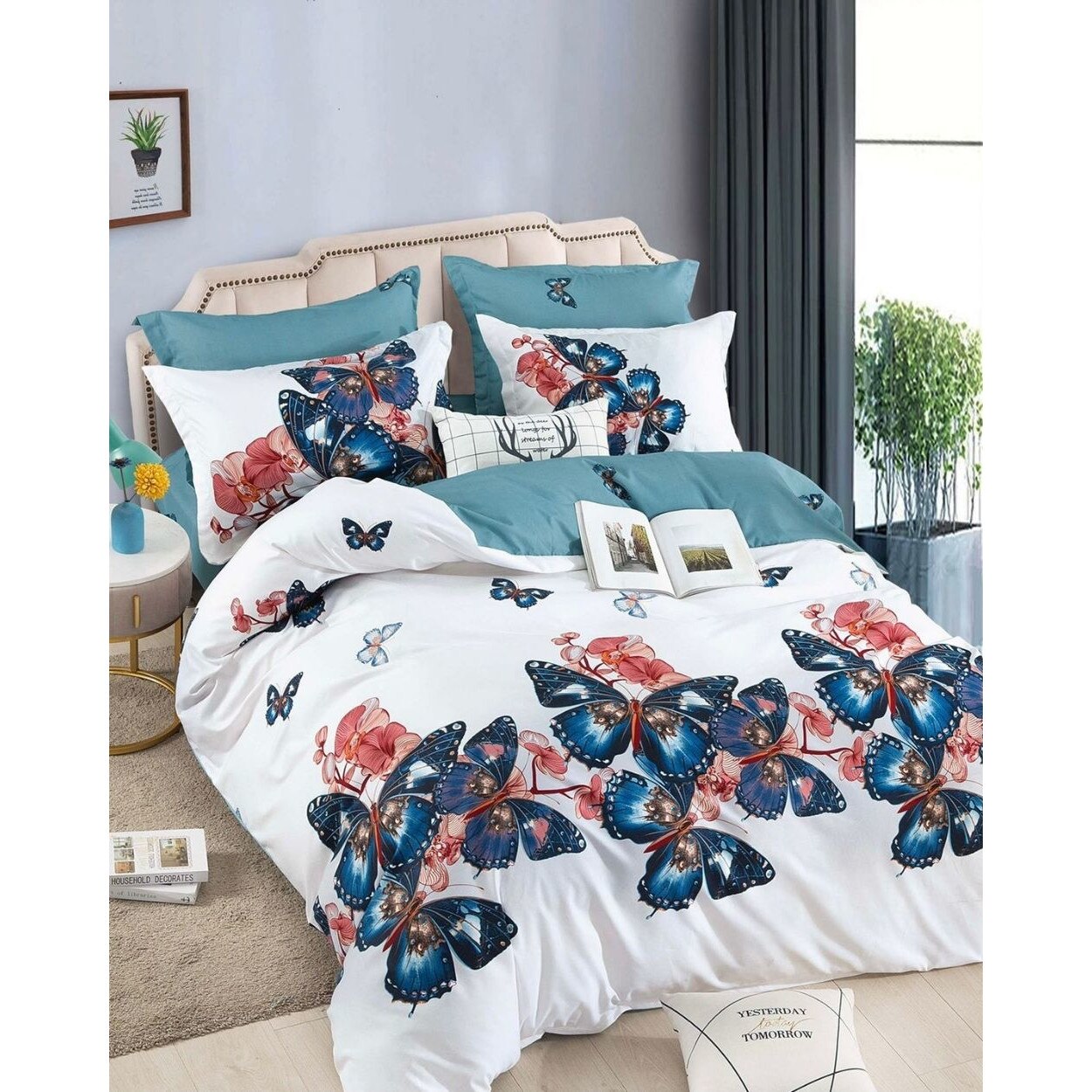 Lenjerie de Pat cu Elastic, Finet, 6 Piese, Pat 2 Persoane, Bleu Butterflies, FNJE-61